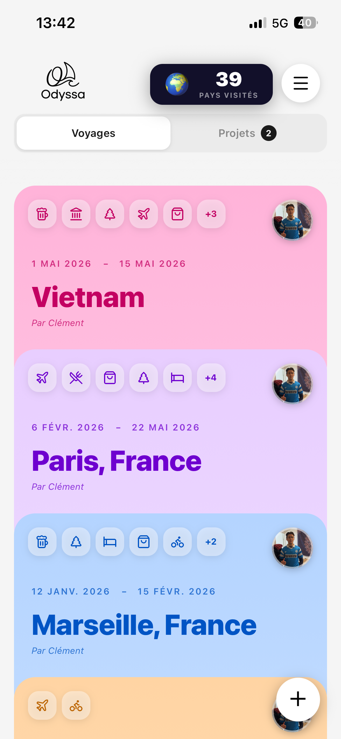 Aperçu de l'application Odyssa - Liste de voyages