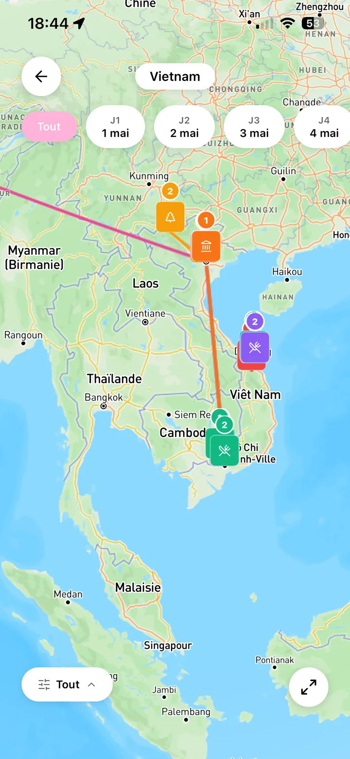 Carte du voyage avec les étapes jour par jour dans Odyssa
