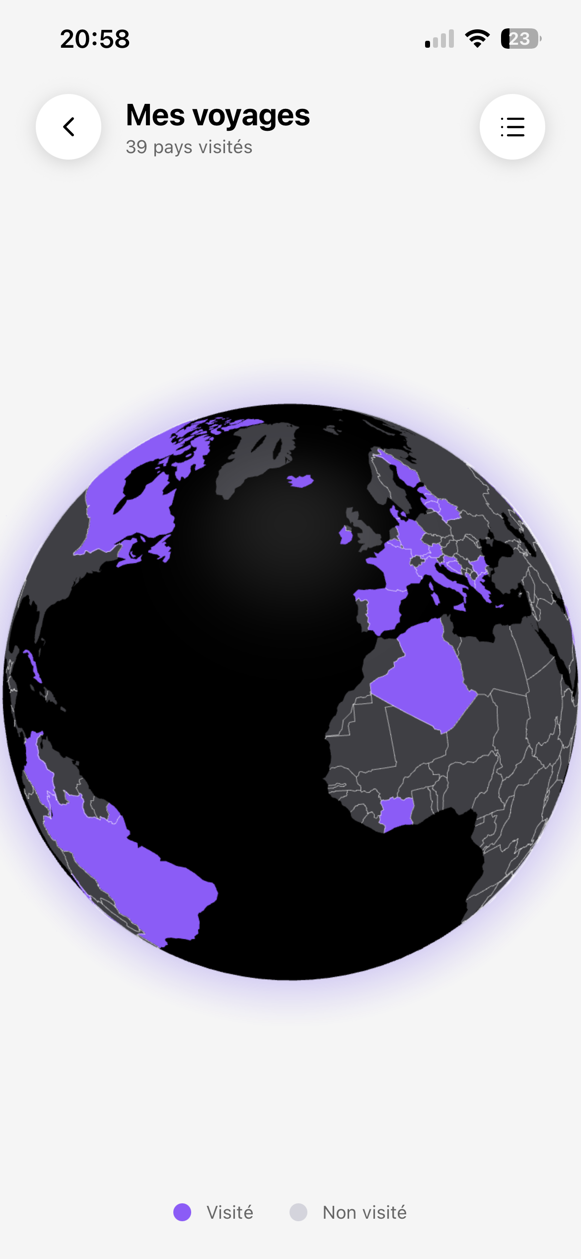 Globe 3D des pays visités